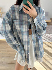 Buttoned Plaid Pockets Long Sleeves Loose Lapel Outerwear Blouses&Shirts Tops