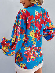 Buttoned Elasticity Flower Print Long Sleeves Loose Lapel Blouses&Shirts Tops
