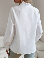 Pleated Ruffled See-Through Solid Color Split-Joint Long Sleeves Loose Stand Collar Blouses&Shirts Tops