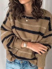 Striped Long Sleeves Loose Round-Neck Sweater Tops Pullovers Knitwear