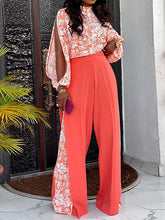 Long Sleeves Mock Neck Flower Print Hollow Shirts Top + High Waisted Pants Bottom Two Pieces Set