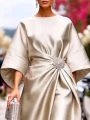 Loose Three-Quarter Sleeves Asymmetric Pleated Split-Joint Round-Neck Maxi Dresses