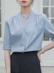 Buttoned Pleated Solid Color Split-Joint Half Sleeves Loose Stand Collar Blouses&Shirts Tops