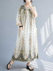 Pleated Pockets Polka-Dot Printed Half Sleeves High Waisted Round-Neck Midi Dresses