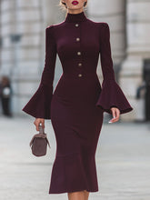 Bodycon Flared Sleeves Buttoned Solid Color High Neck Midi Dresses