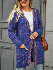 Plaid Pockets Tasseled Long Sleeves Loose Collarless Cardigan Tops