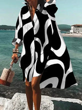 Urban High-Low Contrast Color Printed Midi Shirt Dress