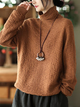 Vintage Long Sleeves Loose Solid Color High-Neck Sweater Tops