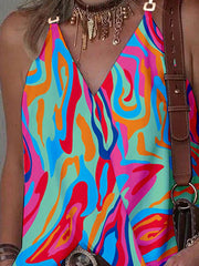 Printed Split-Joint Sleeveless V-Neck Vest Top
