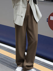 Buttoned Pleated Pockets Solid Color High Waisted Loose Suit Pants
