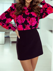 Buttoned Elasticity Flower Print Long Sleeves Loose Lapel Blouses&Shirts Tops