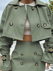 Buttoned Long Sleeves Buckle Split-Joint Lapel Outerwear Top + Bodycon Skirts Bottom Two Pieces Set