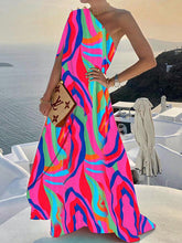 Asymmetric Beaded Striped Loose Sleeveless One-Shoulder Maxi Dresses