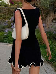 Ruffle Trim Solid Color High Waisted Sleeveless Round-Neck Mini Dresses