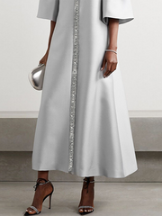 Flared Sleeves Half Sleeves Shiny Solid Color Round-Neck Midi Dresses