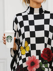 Loose Three-Quarter Sleeves Flower Print Plaid Mock Neck Blouses&Shirts Tops
