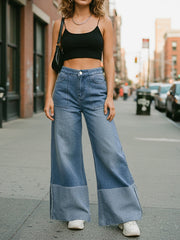 Contrast Color Pockets High Waisted Wide Leg Jean Pants Bottoms