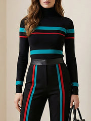 Contrast Color Striped Long Sleeves High Neck Sweater Tops Pullovers