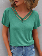 Hollow Solid Color Split-Joint Loose Plus Size V-Neck T-Shirts Tops
