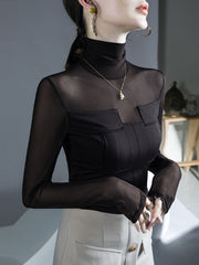 Gauze See-Through Split-Joint Long Sleeves Skinny High-Neck T-Shirts Tops