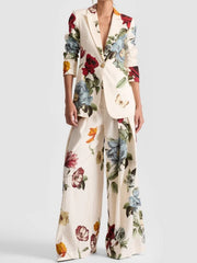 Buttoned Flower Print Pockets Long Sleeves Loose Notched Collar Outerwear Blazer