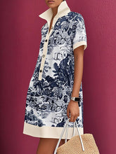 Loose Short Sleeves Buttoned Contrast Color Pockets Stand Collar Mini Dresses