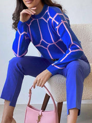 Geometric Long Sleeves Loose Round-Neck Sweater Tops Pullovers Knitwear