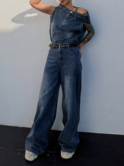 Asymmetric Split-joint Fringed Boat Neck Vest Top+ High Waisted Belted Jeans Bottom Two Pieces Set