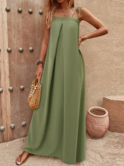 Elasticity Pleated Solid Color Split-Joint Tied A-Line Loose Spaghetti-Neck Maxi Dresses