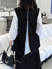 Asymmetric Zipper Loose Sleeveless Round-Neck Vest Top