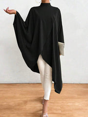 Asymmetric Solid Color Split-Joint Batwing Sleeves Loose High Neck Shirts Tops