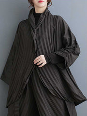 Stand Collar Long Sleeves Loose Buttoned Pleated Solid Color Shirts Top + Pants Bottom Two Pieces Set