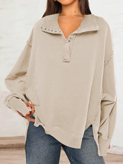 Buttoned Solid Color Split-Front Long Sleeves Loose Lapel Sweatshirt Tops