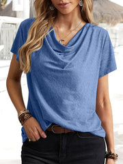 Solid Color Loose Short Sleeves U-Neck T-Shirts Tops