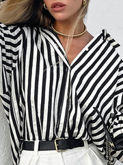 Split-Joint Striped Long Sleeves Loose Lapel Blouses