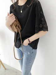 Hollow Solid Color Split-Joint Half Sleeves Loose Round-Neck T-Shirts Tops