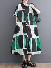 Color-Block Printed Loose Oversize Lapel Shirt Dress Midi Dresses