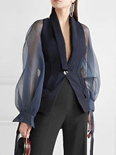 See-Through Split-Joint Loose Puff Sleeves Lapel Blouses&Shirts Tops Blazer Suits
