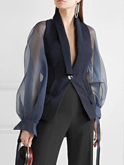 See-Through Split-Joint Loose Puff Sleeves Lapel Blouses&Shirts Tops Blazer Suits