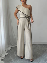 Elasticity Tied Waist High Waisted Wide Leg One-Shoulder Jumpsuits