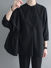 Simple Loose Round-Neck White Black Blouse