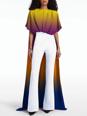 Contrast Color Gradient Half Sleeves High-low Round-neck T-Shirts Tops