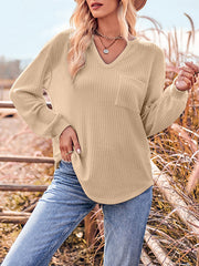Pockets Solid Color Long Sleeves Loose V-Neck T-Shirts Tops