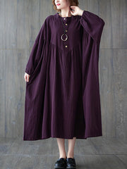 Pleated Solid Color Loose Puff Sleeves Stand Collar Midi Dresses