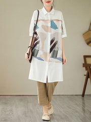 Buttoned Printed Split-side A-line Loose Lapel Shirt Dress Midi Dresses