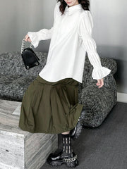 Pleated Solid Color Split-Joint Puff Sleeves Lapel Blouses