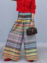 Contrast Color Rainbow Plaid Loose Wide Leg Trousers Casual Pants Bottoms