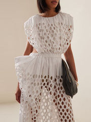 Asymmetric Elasticity Hollow Pleated See-Through Solid Color A-Line Loose Round-Neck Maxi Dresses