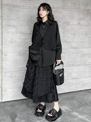 Solid Color Split-Joint Asymmetric Drawstring Flower Print False Two Lapel Buttoned Pockets Blouses&Shirts Tops + Elasticated Waist Double Layered Skirts Bottoms Two Pieces Set