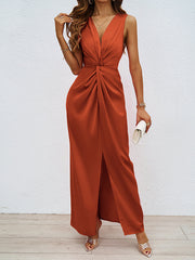 Elasticity Knot Solid Color Split-Front Split-Joint Zipper Bodycon High Waisted V-Neck Maxi Dresses